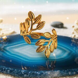 Leaf Vine 14K Gold Plated Stainless Steel Adjustable Statement Fashion Ring
